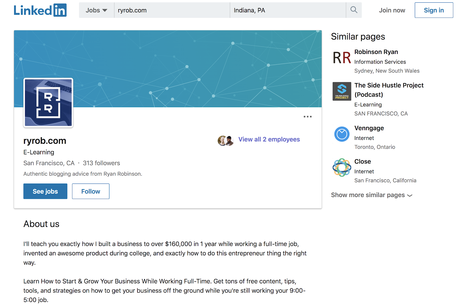 Screenshot of LinkedIn Company Pages for Blog Marketing