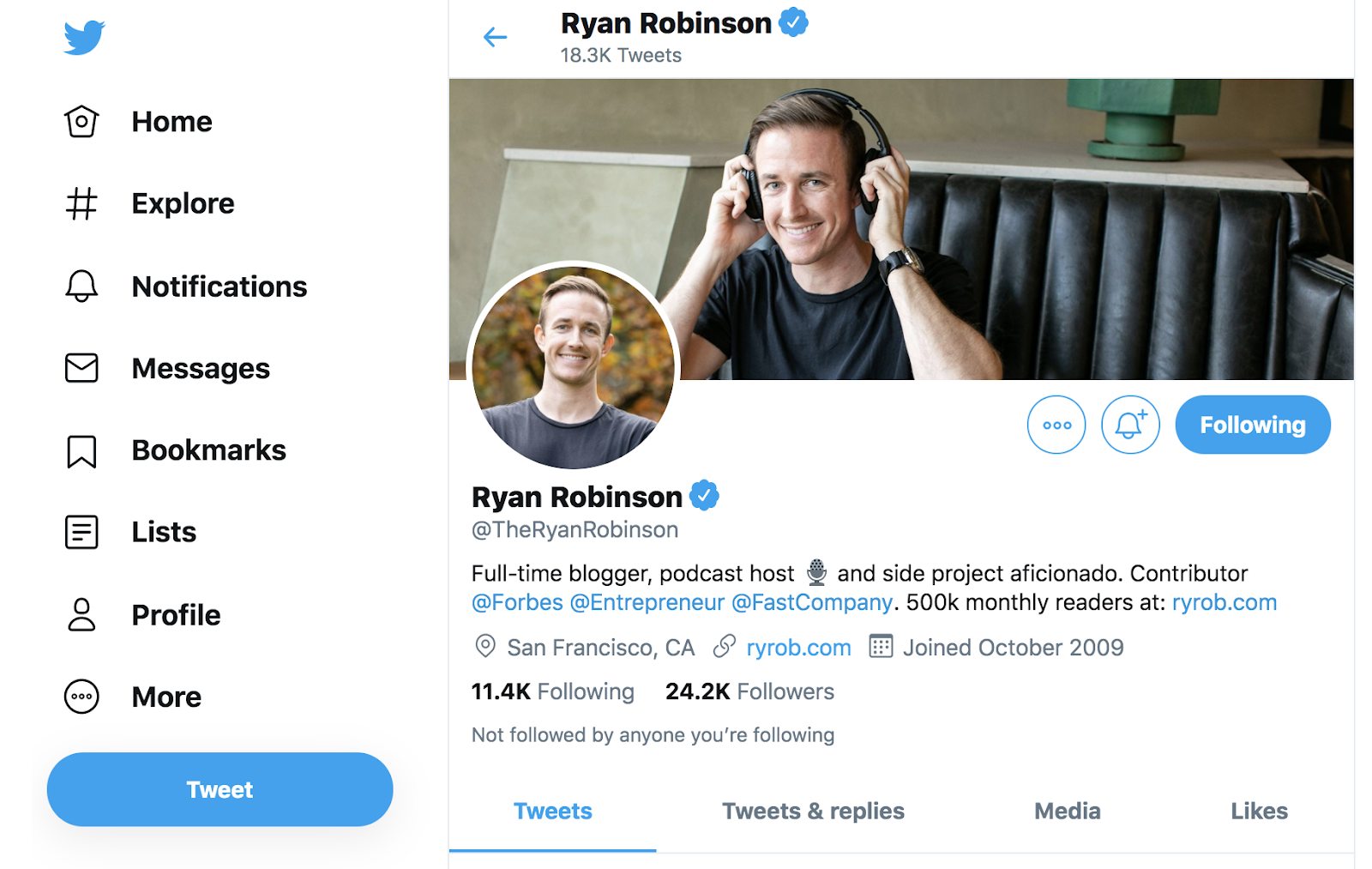 Using Twitter to Market Your Blog (Screenshot of Ryan Robinson's Twitter)