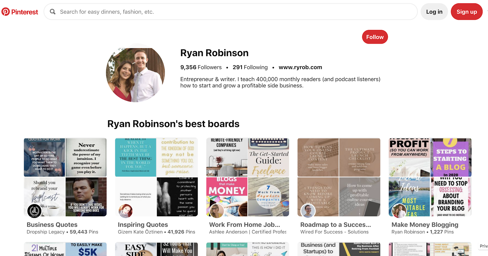 Screenshot of Ryan Robinson's Pinterest Account