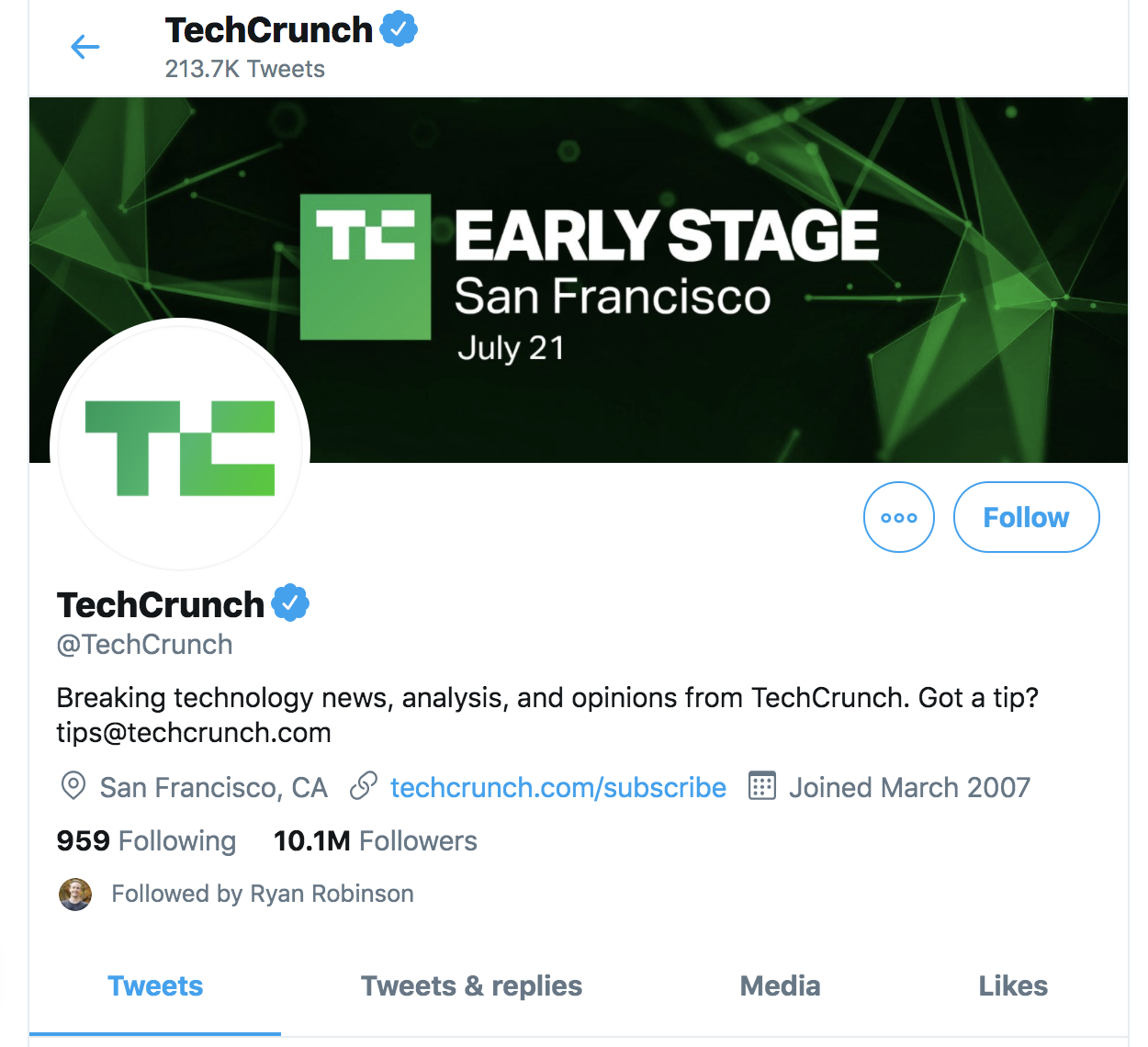 Tech Crunch's Twitter Account (Screenshot)
