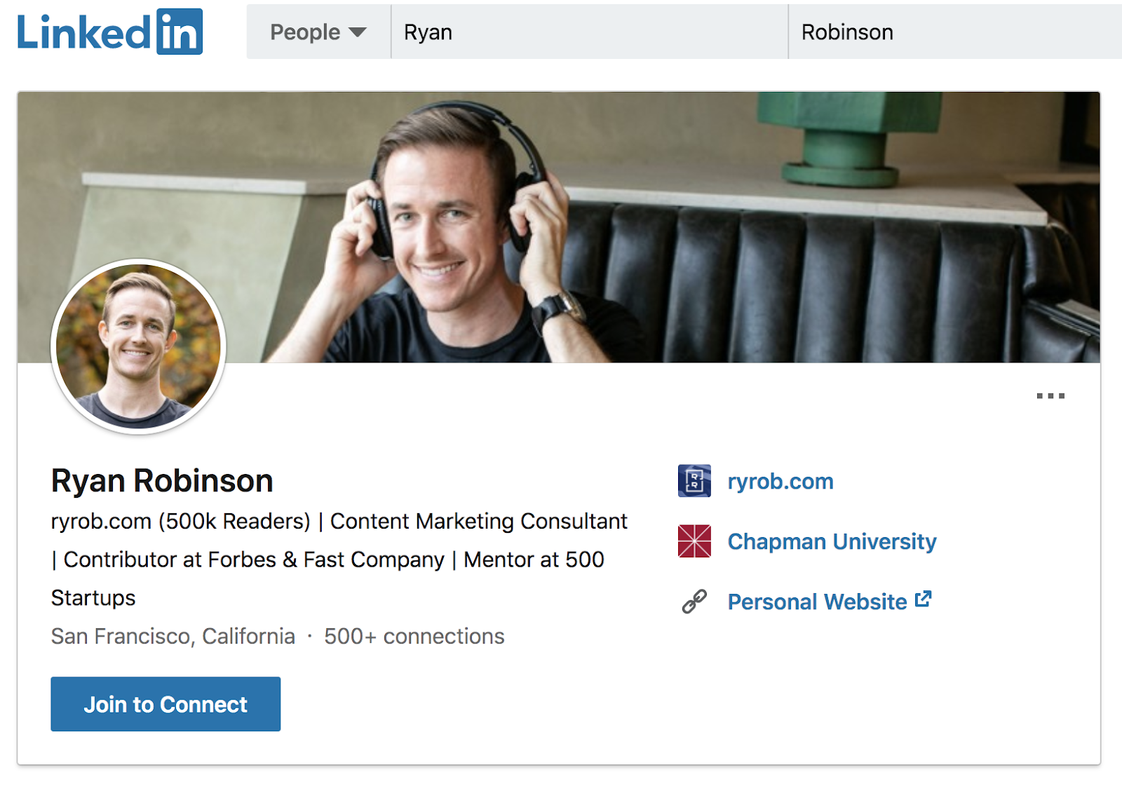 Ryan Robinson LinkedIn Profile (Screenshot Example)