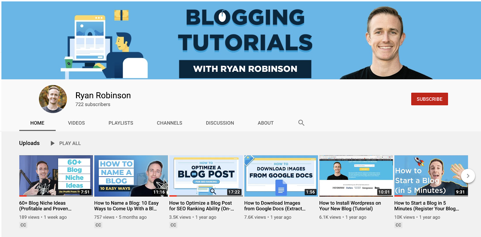 Screenshot of YouTube Channel Examples