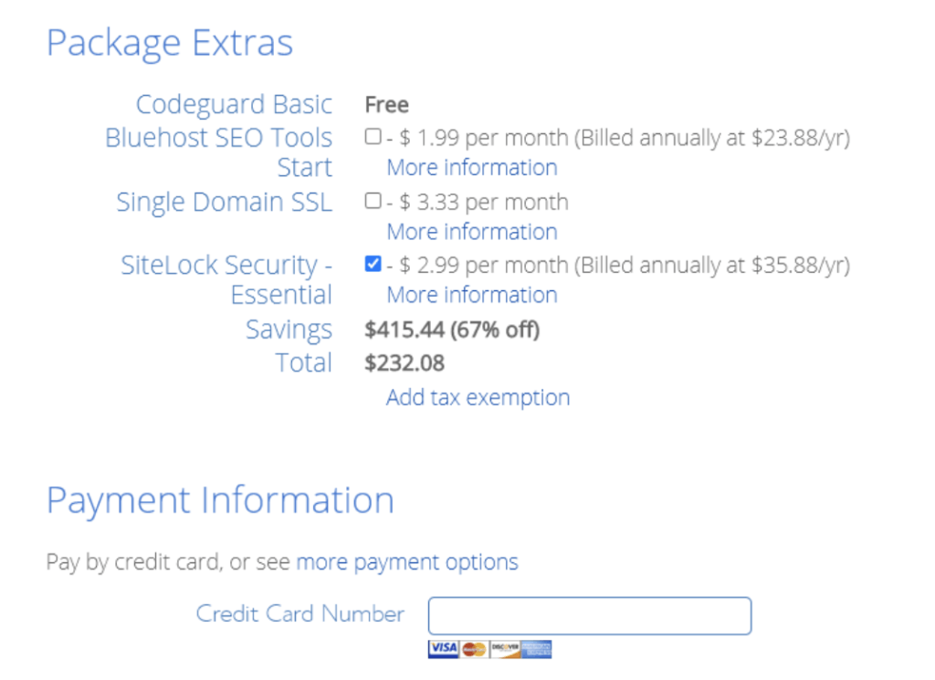 Package Extras (Screenshot) During Web Hosting Sign up Process