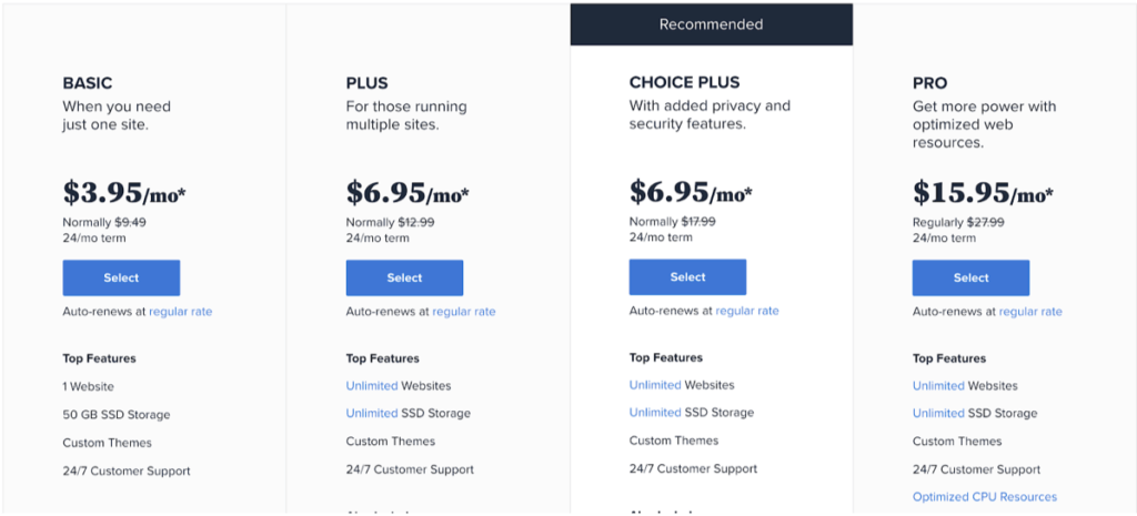 Bluehost Pricing Plans and Table (Screenshot)