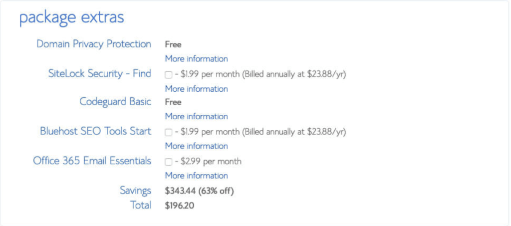Package Extras During Bluehost's Checkout Process (Screenshot)