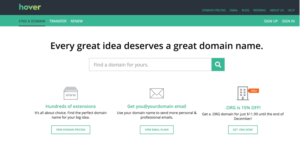 Hover Domain Registrars Homepage Screenshot (Registering a Domain Name)
