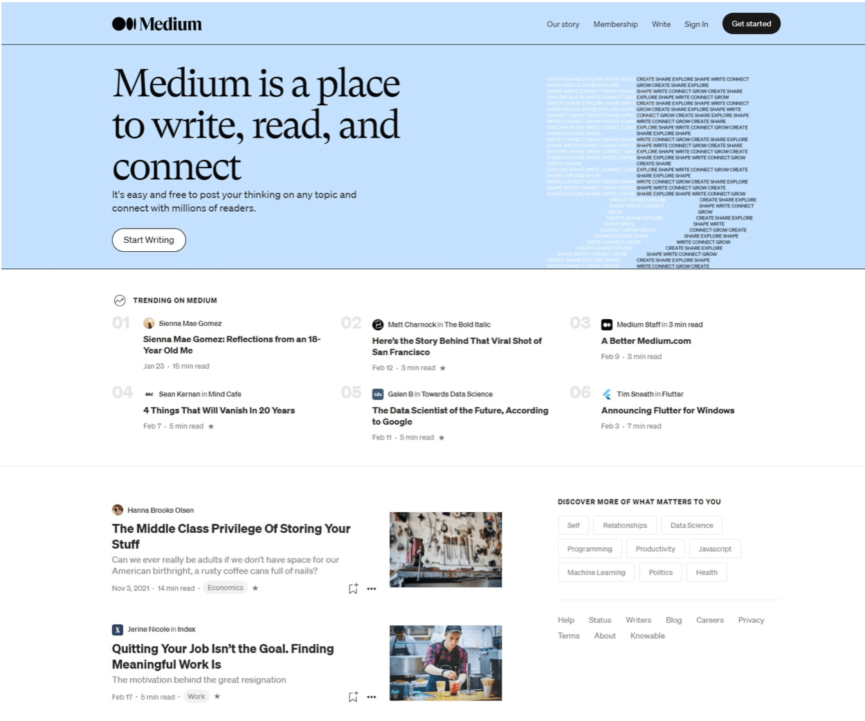 Medium Blogging Software Homepage Screenshot