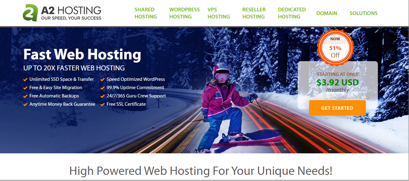 A2 Hosting Homepage Screenshot