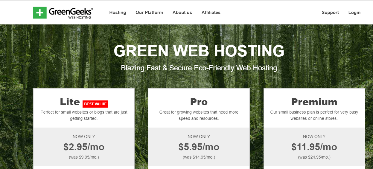 Shared hosting pricing plan comparison by greengeeks (screenshot)
