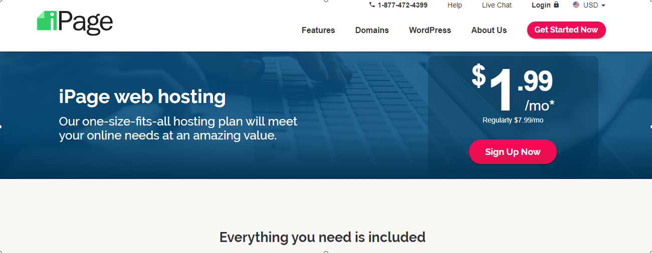 iPage Hosting Homepage Screenshot