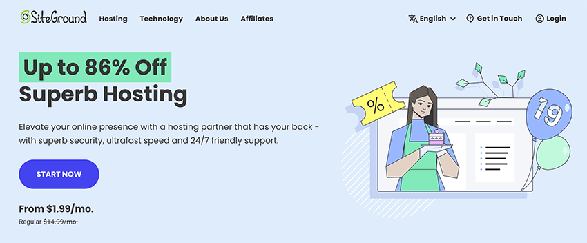 SiteGround Month-to-Month Web Hosting (Screenshot of Homepage)