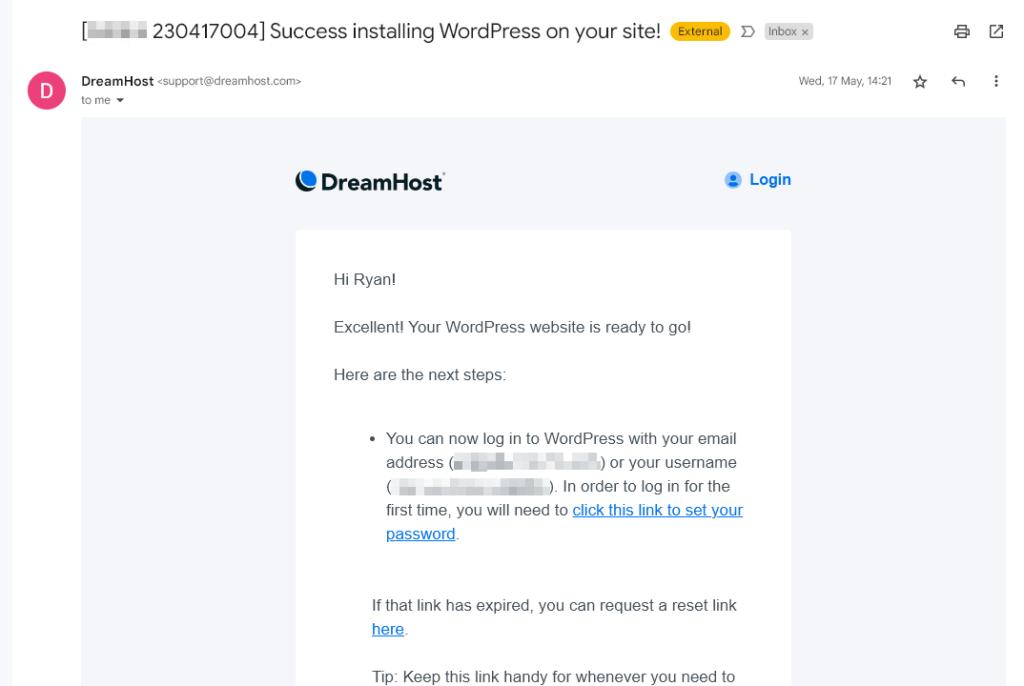 Email from Dreamhost titled Success installing WordPress on your site, with login details and links to set/reset password.