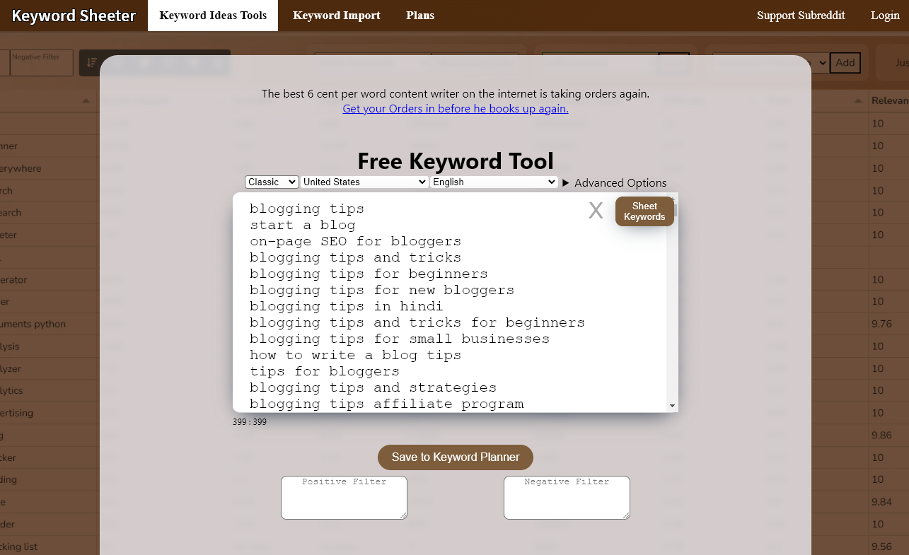Keyword Sheeter (Keyword Ideas Tool) Screenshot