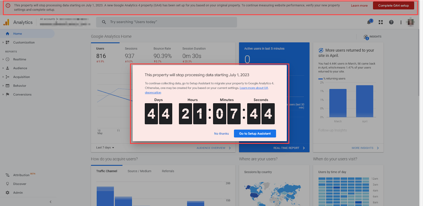 Google Analytics 4 Dashboard Screenshot Showing Countdown Timer Warning That the Property  Needs to Be Migrated to Google Analytics 4