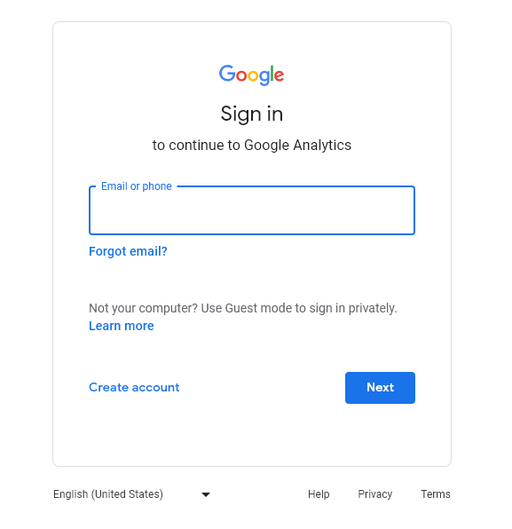 Google Analytics Sign In Screen to Sign In Using Your Google Account (or Create a New Account)