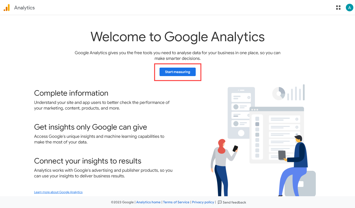 Google Analytics Welcome Screen With Brief Information and a Start Measuring Button