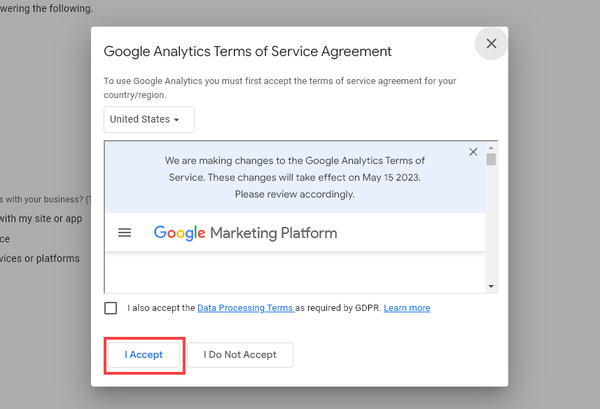 Google Analytics Terms of Service Agreement with Scrolling Box of Information and Buttons to Accept or Not Accept