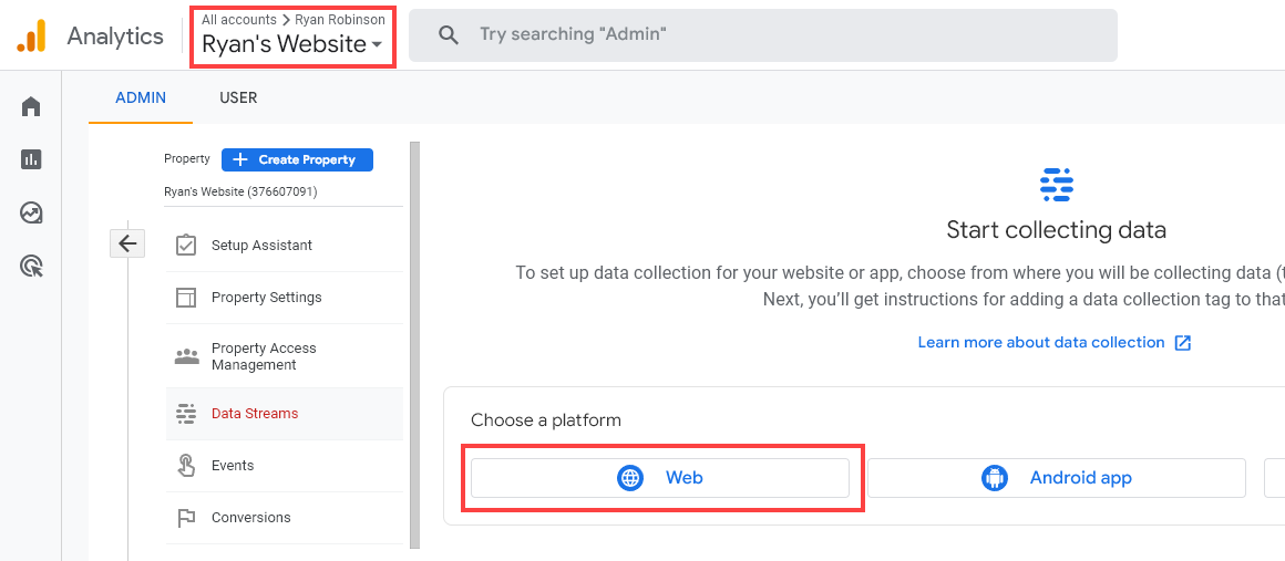 Google Analytics New Account Prompting the User to Set Up Data Collection by Choosing a Platform