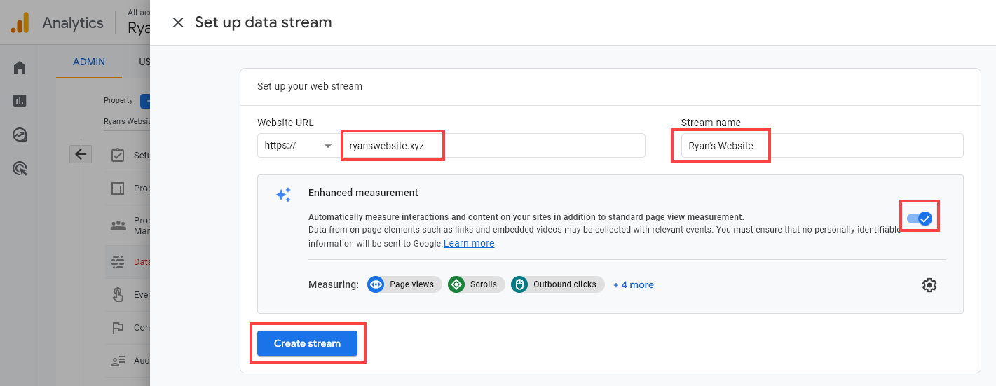 Google Analytics Screen for Setting Up a Data Stream, With a Web Stream Shown 
