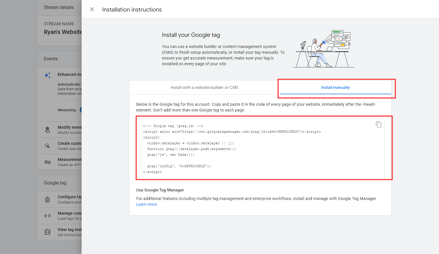 Google 4 Tag Installation Instructions with the Install Manually Option Selected