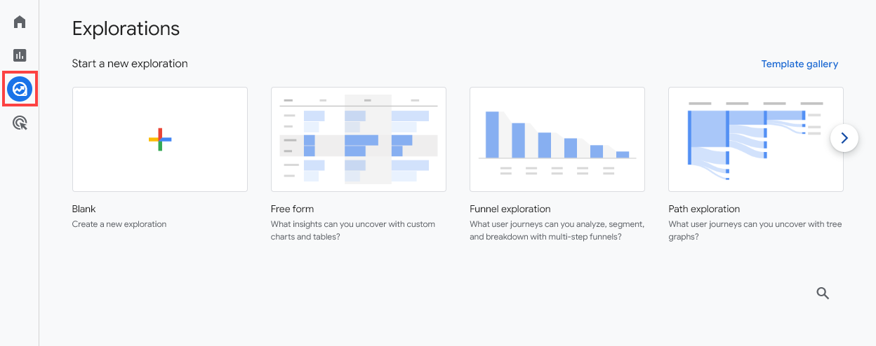 Google Analytics 4 Explorations Screen Showing Options for Blank, Free Form, Funnel Exploration, and Path Exploration