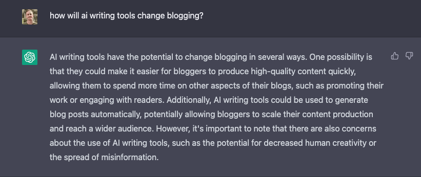 Screenshot of the popular AI blogging tool ChatGPT, with Ryan asking how AI tools will change blogging.