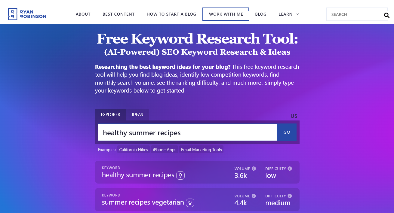 Screenshot of my own AI blogging tool the Keyword Research Tool, with a search for the seed keyword healthy summer recipes shown on screen.