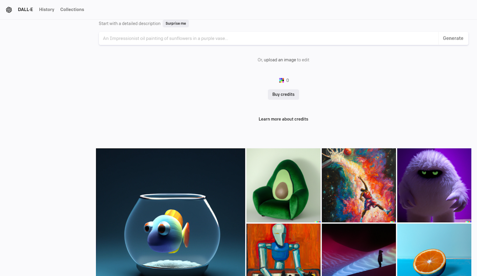 Screenshot of the AI blogging tool DALL-E, showing the prompt screen plus a range of previously-generated images in different styles.