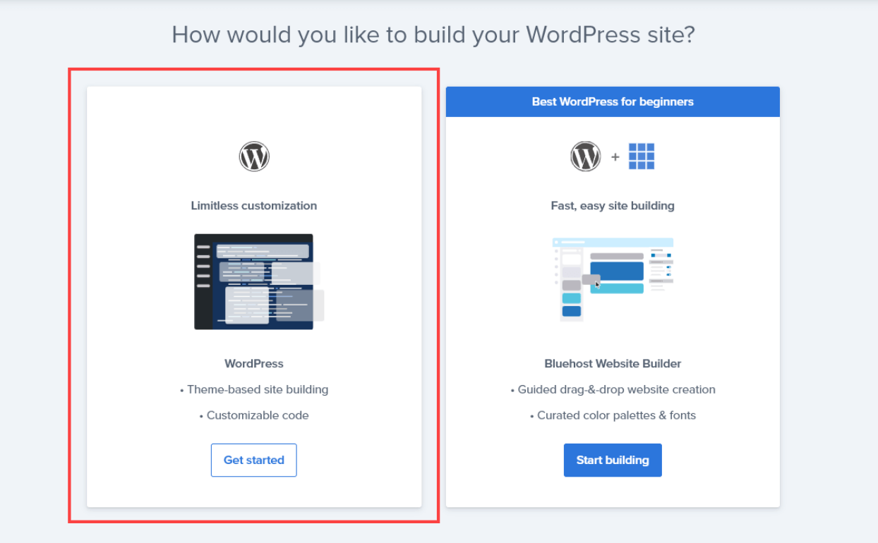 WordPress site options from Bluehost, offering either the regular WordPress or the Bluehost Website Builder WordPress option