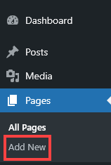 Screenshot of the Pages, Add New option in the WordPress admin area