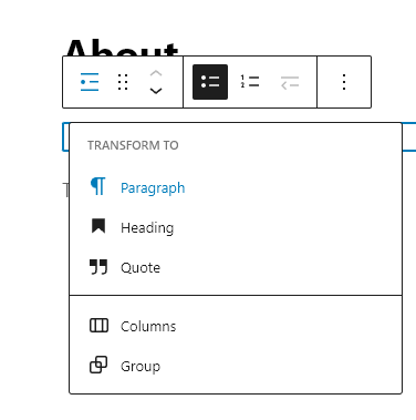 Transforming a WordPress list block to a paragraph block, in the block editor