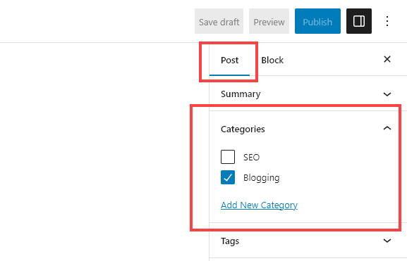 Using WordPress categories, with the category Blogging checked