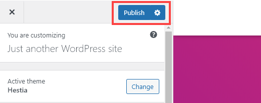 Screenshot showing how to publish changes to a WordPress site after using the Customizer