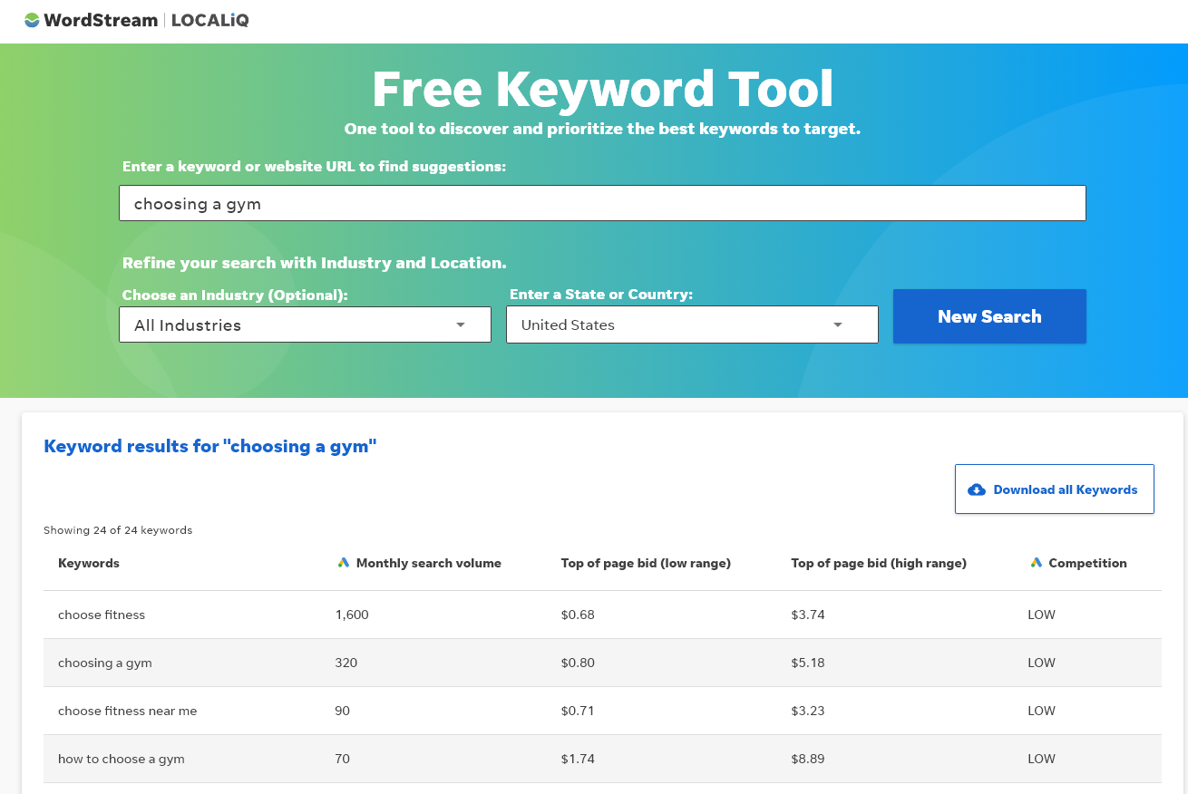 Screenshot Example of Wordstream's Keyword Tool and Results