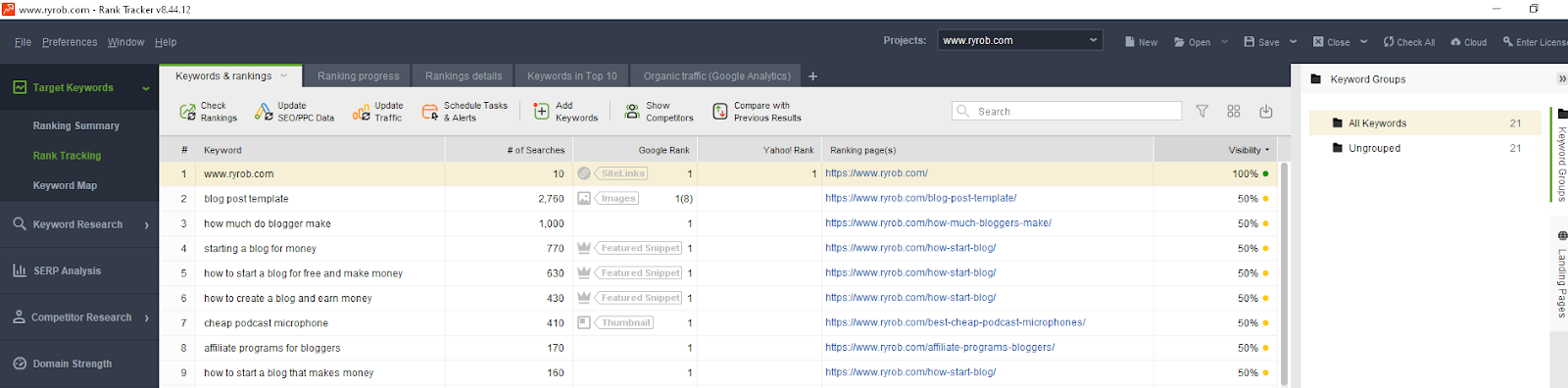 Rank Tracker Keyword Research Screenshot (Examples)
