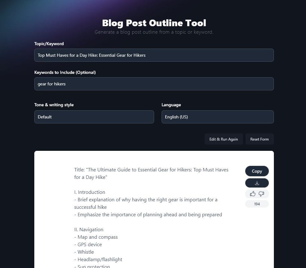 AI Blogging Tool for Blog Post Outlines Showing the Start of an Outline for an Article With Topic Top Must Haves for a Day Hike: Essential Gear for Hikers