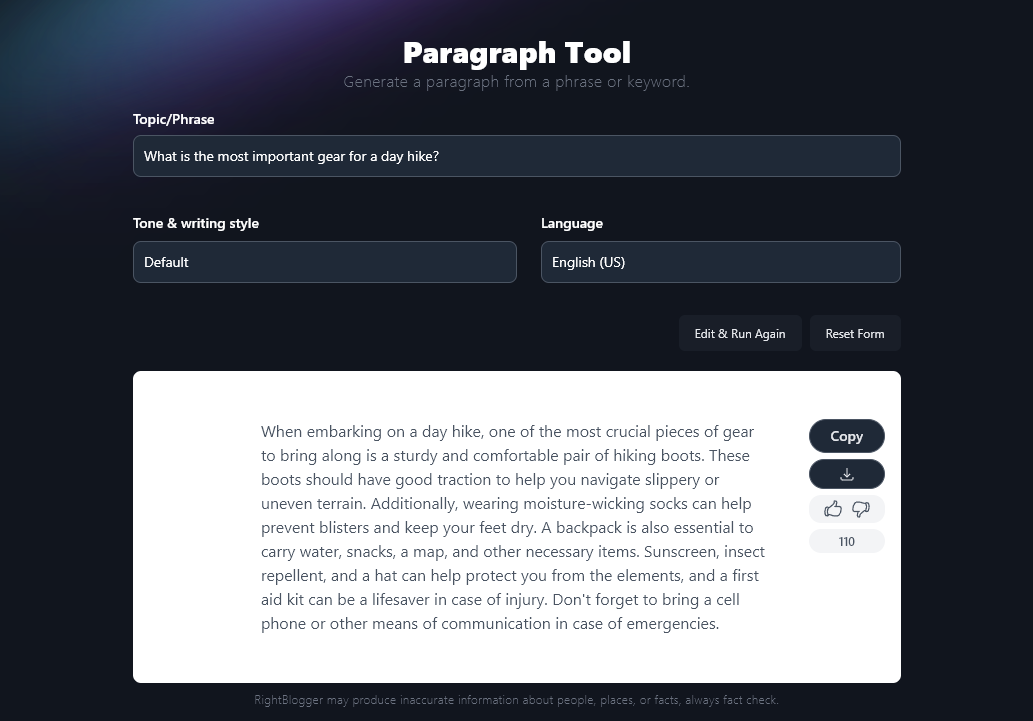 AI Blogging Paragraph Tool Showing a Generated Paragraph of Text (110 Words) for the Topic What Is the Most Important Gear for a Day Hike