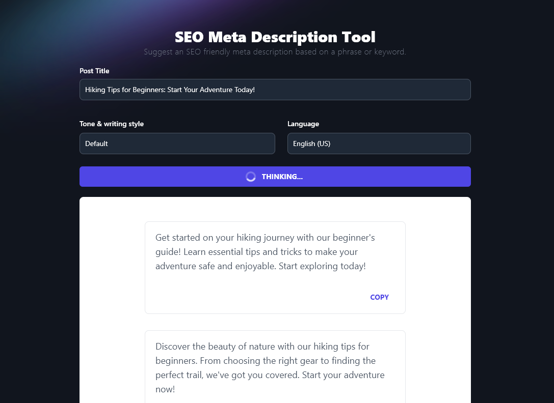 AI Blogging SEO Meta Description Tool Creating a Meta Description for the Post Title Hiking Tips for Beginners: Start Your Adventure Today
