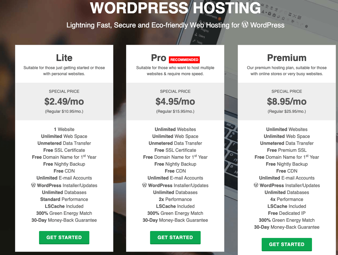 Web Hosting Pricing Screenshot on GreenGeeks (Hosting Plans)