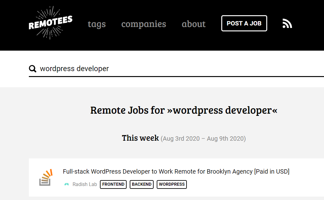 WordPress Developer Jobs Sites (Remotees Screenshot)
