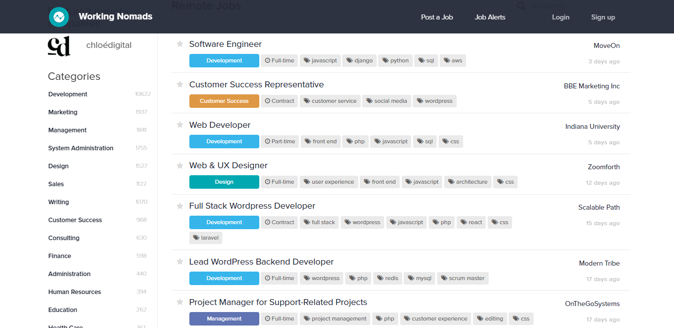 Screenshot of Available and New Job Postings on Working Nomads