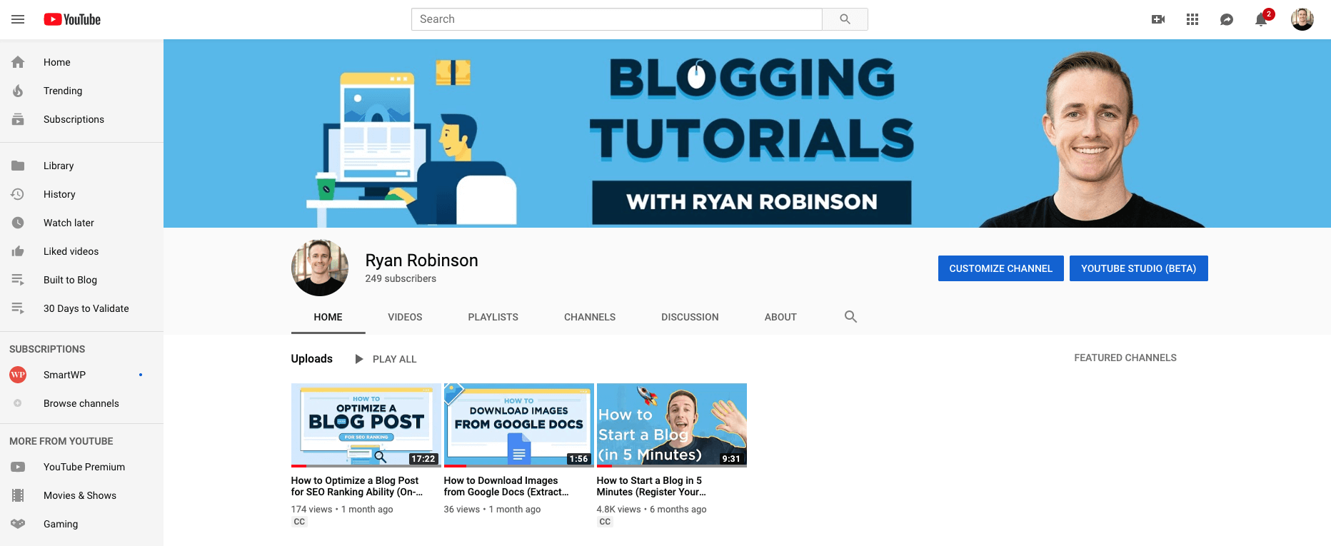YouTube Channel Best Blogging Tools Ryan Robinson Screenshot